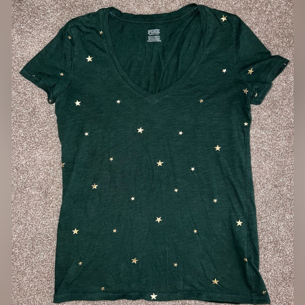 PINK Victoria’s Secret Dark Green Gold Stars Crew Neck Tee T Shirt Top XS